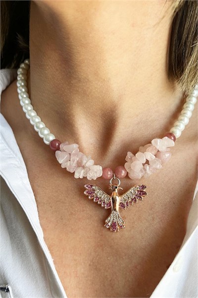 Natural Ceyd Güneş Stone and Powder Broken Stone Anka Detail Pearl Necklace