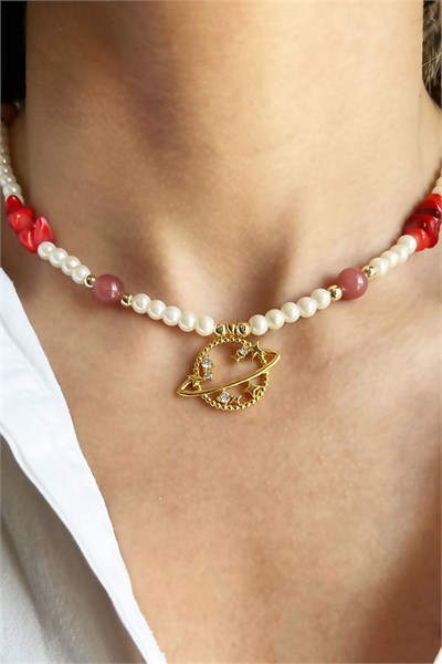 Natural Ceyd Güneş and Broken Stone Saturn Detail Pearl Necklace
