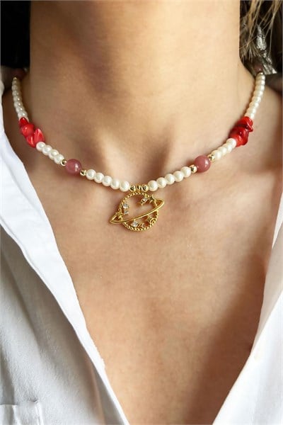 Natural Ceyd Güneş and Broken Stone Saturn Detail Pearl Necklace