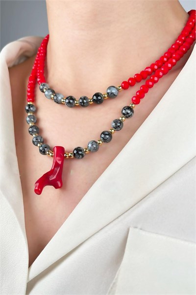 Natural Coral Ended Bead Double Row Necklace - Red