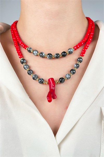 Natural Coral Ended Bead Double Row Necklace - Red