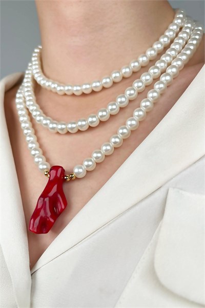 Natural Coral Ended Triple Row Design Pearl Necklace - Red