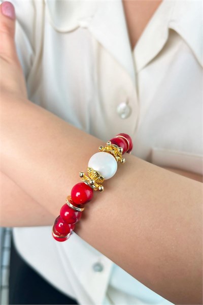 Natural Stone Coral and Pearl Bracelet - Red