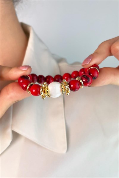 Natural Stone Coral and Pearl Bracelet - Red
