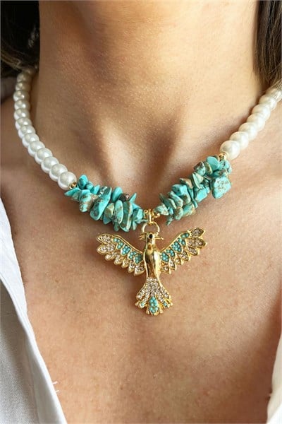 Natural Turquoise Broken Stone Anka Detail Pearl Necklace