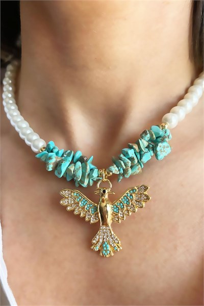 Natural Turquoise Broken Stone Anka Detail Pearl Necklace