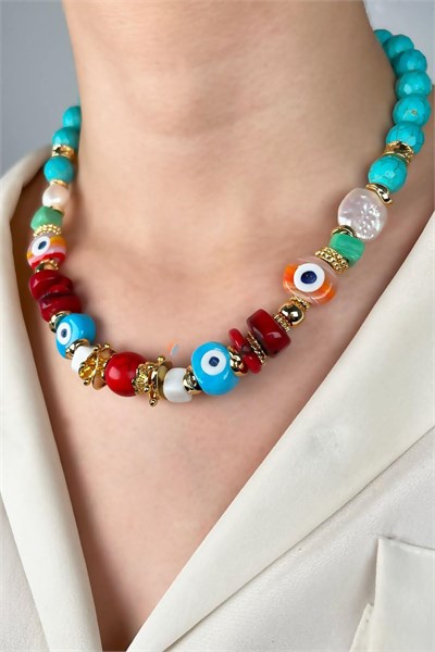Natural Turquoise Stone Coral and Pearl Special Design Necklace - Turquoise