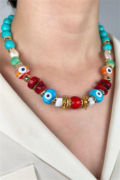 Natural Turquoise Stone Coral and Pearl Special Design Necklace - Turquoise