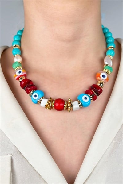 Natural Turquoise Stone Coral and Pearl Special Design Necklace - Turquoise