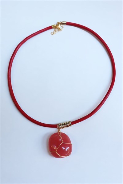 Natural Orange Agate Stone Leather Cord Necklace