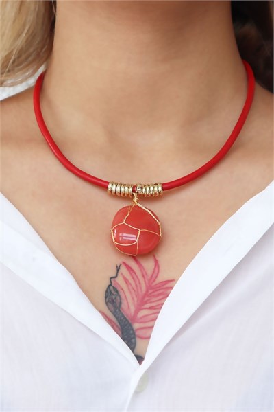Natural Orange Agate Stone Leather Cord Necklace