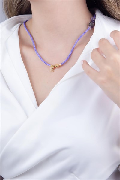 E Letter Lilac Bead Design Necklace