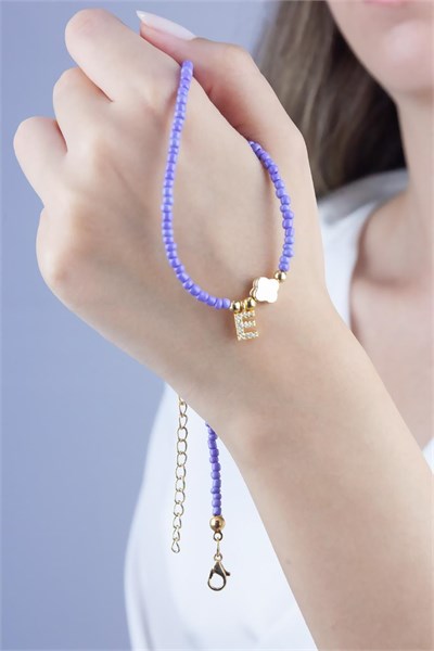 E Letter Lilac Bead Design Necklace