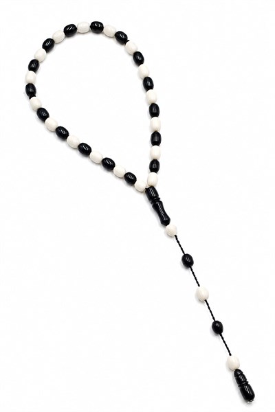 Black & White Pressed Amber Tasbih (Prayer Beads) - Signed by Master Craftsman Enes Abdo, System-Threaded