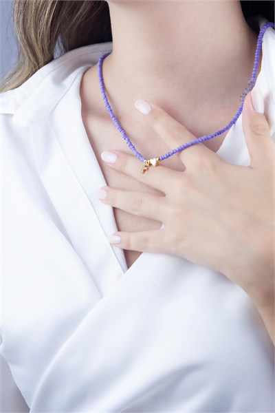 F Letter Lilac Bead Design Necklace