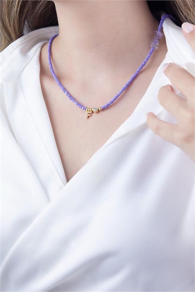 F Letter Lilac Bead Design Necklace