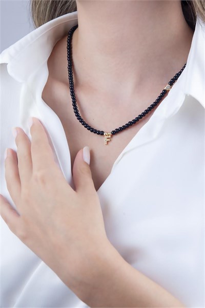 F Letter Black Pearl Design Necklace