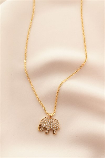 Elephant Detail Zircon Gold Chain Necklace