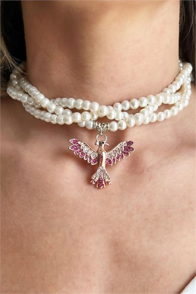 Fuchsia Colored Zircon Detail Phoenix Pearl Spiral Design Necklace