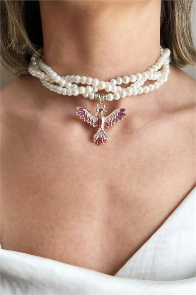 Fuchsia Colored Zircon Detail Phoenix Pearl Spiral Design Necklace