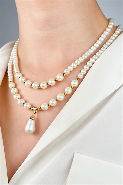 Real Pearl Winged Two-Row Dorical Pearl Necklace - White