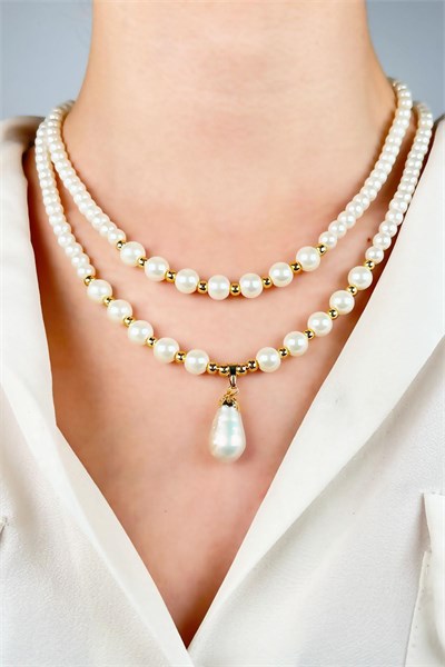 Real Pearl Winged Two-Row Dorical Pearl Necklace - White