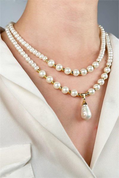 Real Pearl Winged Two-Row Dorical Pearl Necklace - White