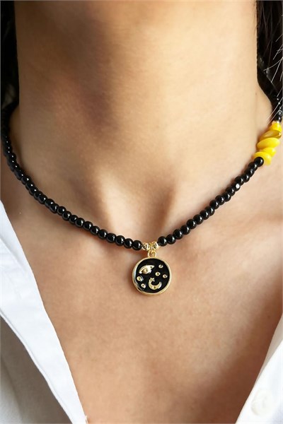 Planet Detailed Natural Yellow Broken Stone Black Pearl Necklace
