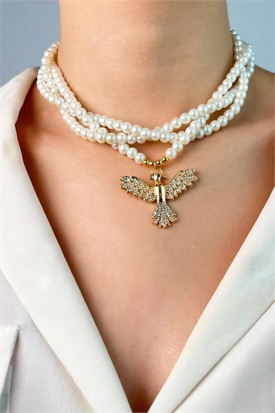 Gold Phoenix Bird Spiral Pearl Necklace - White