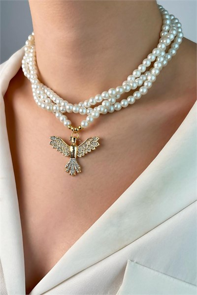 Gold Phoenix Bird Spiral Pearl Necklace - White
