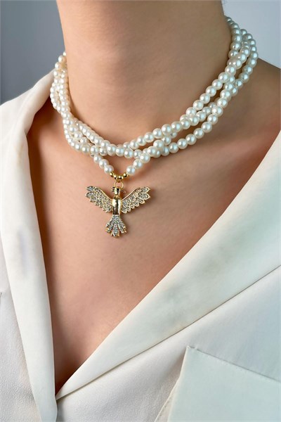 Gold Phoenix Bird Spiral Pearl Necklace - White