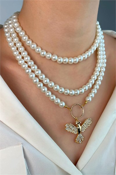 Gold Phoenix Bird Triple Pearl Necklace - White