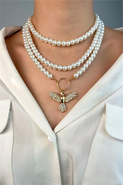 Gold Phoenix Bird Triple Pearl Necklace - White