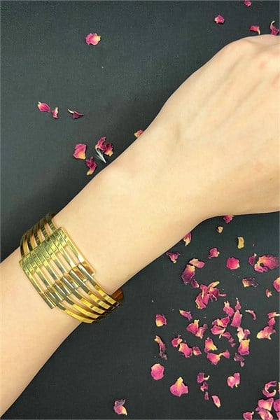 Gold Striped Stainless Steel Cuff Bracelet