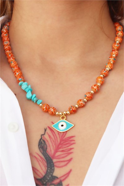 Eye Figure Orange Glass Bead Necklace