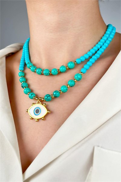 Eye Winged Turquoise Bead Double Row Necklace - Turquoise
