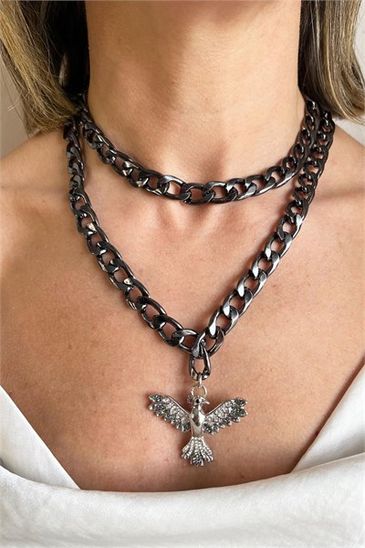 Gray Phoenix Detail Double Chain Necklace