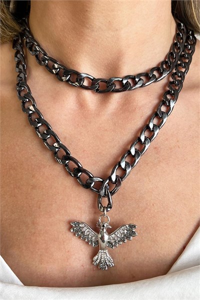 Gray Phoenix Detail Double Chain Necklace