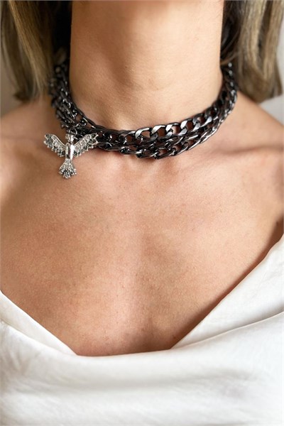 Gray Phoenix Detail Black Chain Choker Necklace