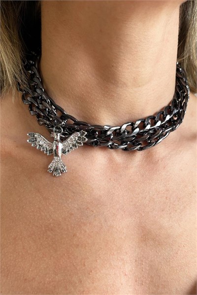 Gray Phoenix Detail Black Chain Choker Necklace