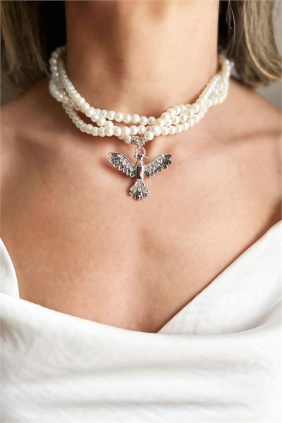Gray Zircon Detail Phoenix Pearl Spiral Design Necklace