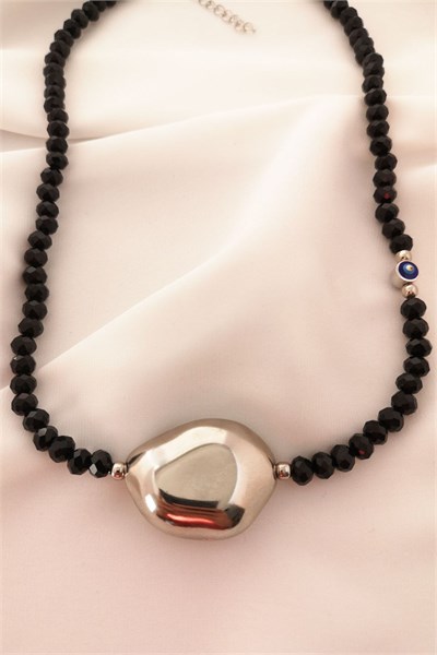 Gray Stone Detail Black Bead Necklace