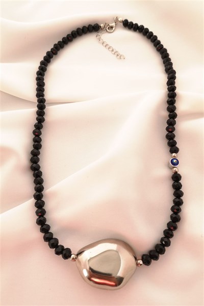 Gray Stone Detail Black Bead Necklace