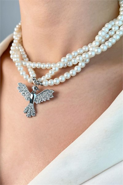 Silver Phoenix Bird Spiral Pearl Necklace - White