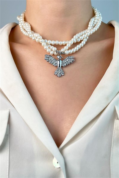 Silver Phoenix Bird Spiral Pearl Necklace - White