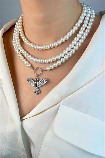 Silver Phoenix Bird Triple Pearl Necklace - White