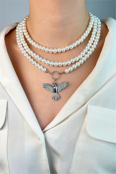 Silver Phoenix Bird Triple Pearl Necklace - White