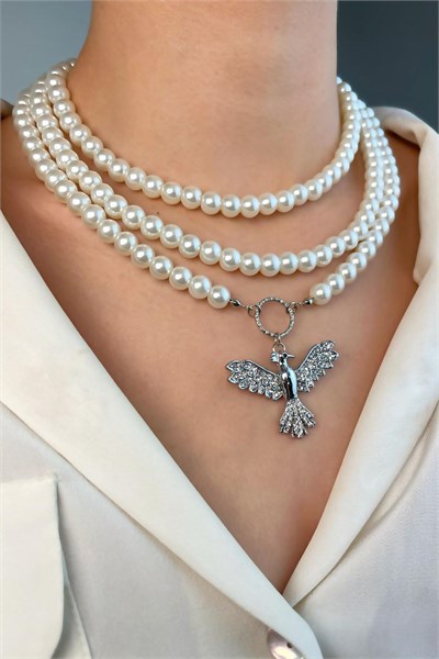 Silver Phoenix Bird Triple Pearl Necklace - White
