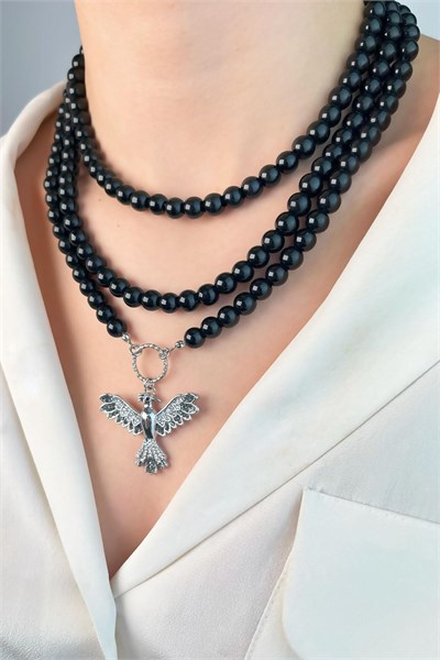 Silver Phoenix Bird Triple Pearl Necklace - Black