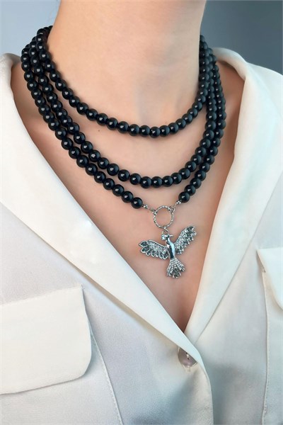 Silver Phoenix Bird Triple Pearl Necklace - Black